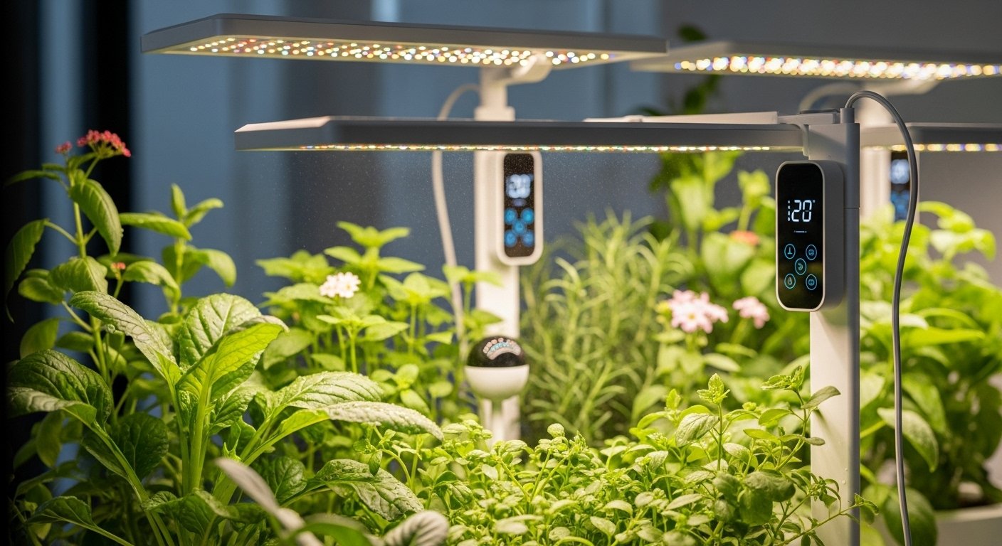 Photorealistic image of smart grow lights illuminating a lush indoor plant setup, showing vibrant plant growth. Emphasize their role as smart garden tools.