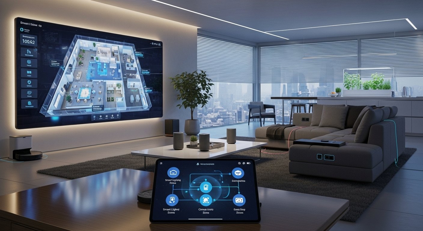Photorealistic image showing a futuristic smart home interior, with various smart devices seamlessly integrated and a central tablet displaying how smart home works.