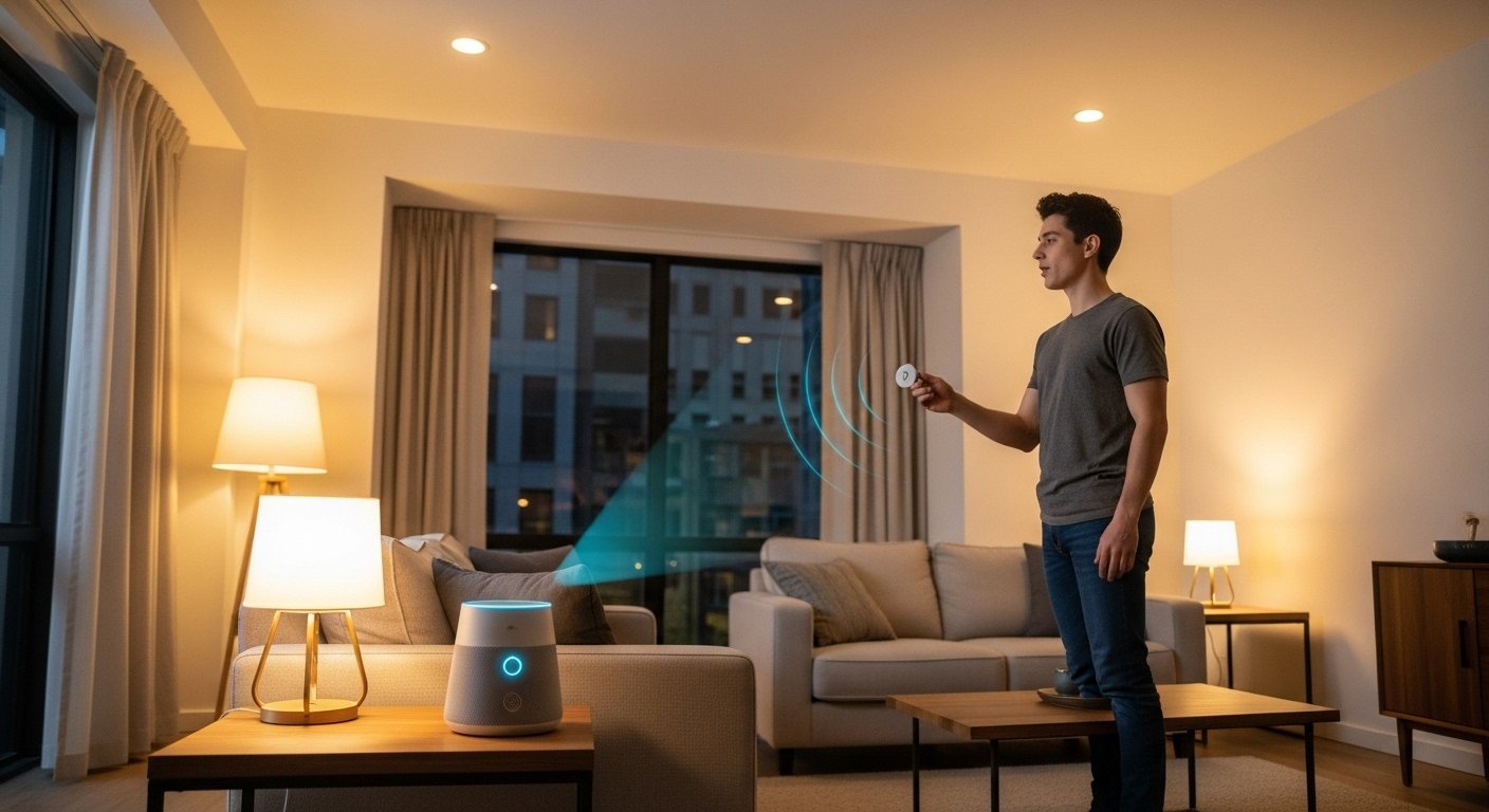 Photorealistic image showing a person using a voice assistant to control smart home devices, demonstrating the convenience of smart home automation benefits, with lights and smart speakers in the background.