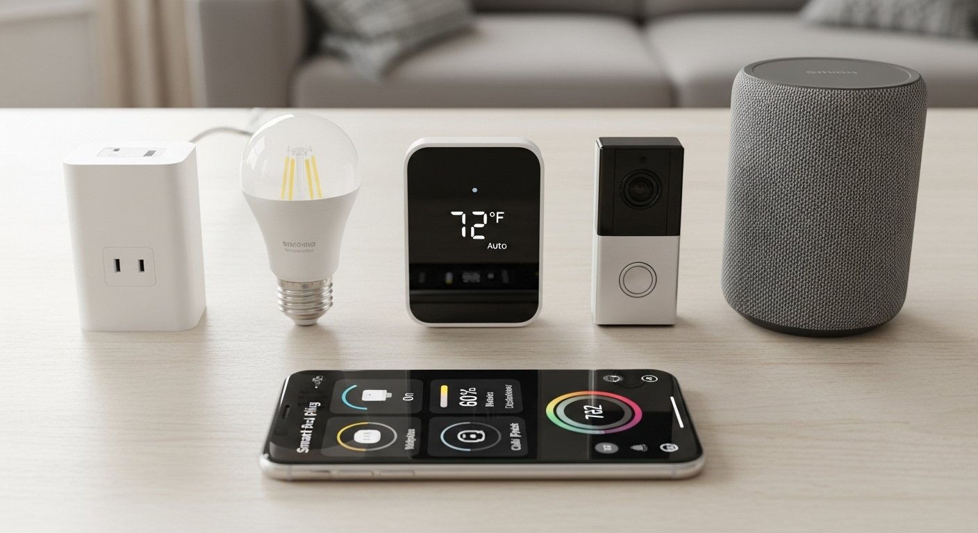 Photorealistic image showing various smart home devices for beginners laid out on a table, including a smart plug, a smart light bulb, a smart thermostat, a smart video doorbell, and a smart speaker, with a smartphone in the foreground showing a control app.
