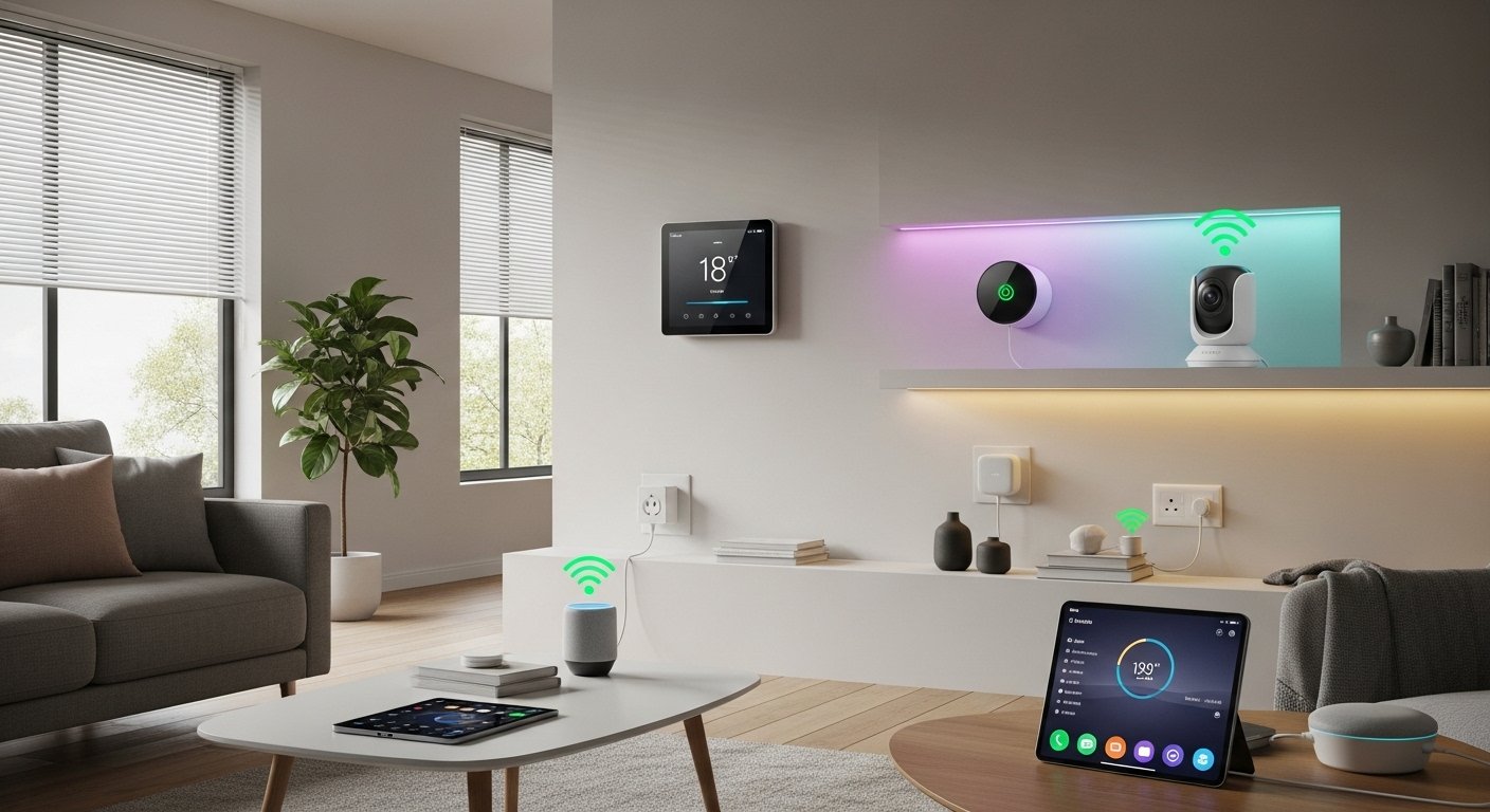 Photorealistic image showing various smart home devices (thermostat, lights, security camera) seamlessly connected in a modern home, illustrating smart home automation benefits through ecosystem integration.