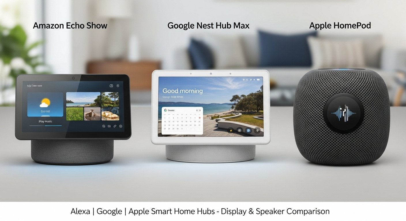 Side-by-side comparison image of the Amazon Echo Show, Google Nest Hub Max, and Apple HomePod, highlighting their display and speaker features as an Alexa Google Apple Smart Home Hub.