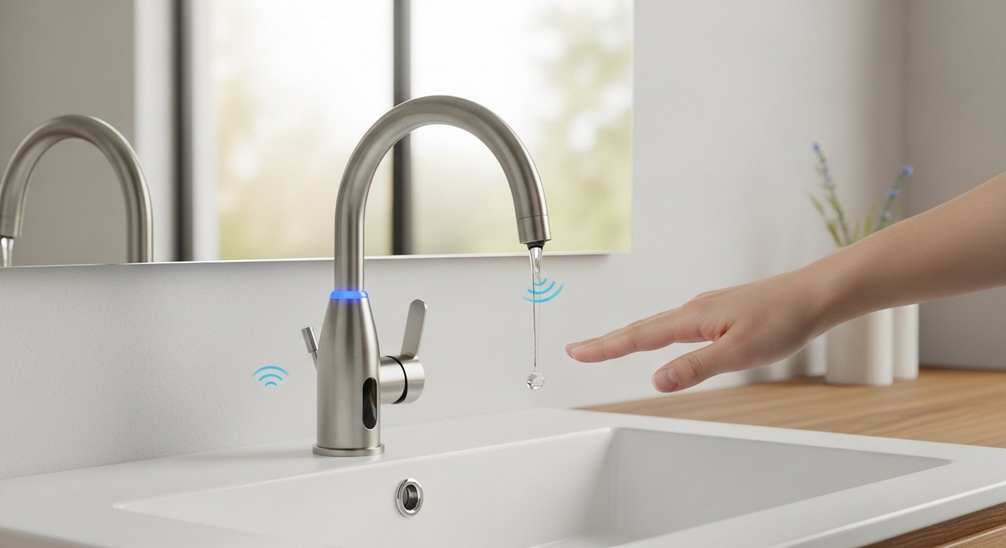 Sleek touchless bathroom faucet with motion sensor, a prime example of smart bathroom upgrades that enhance hygiene and water efficiency.