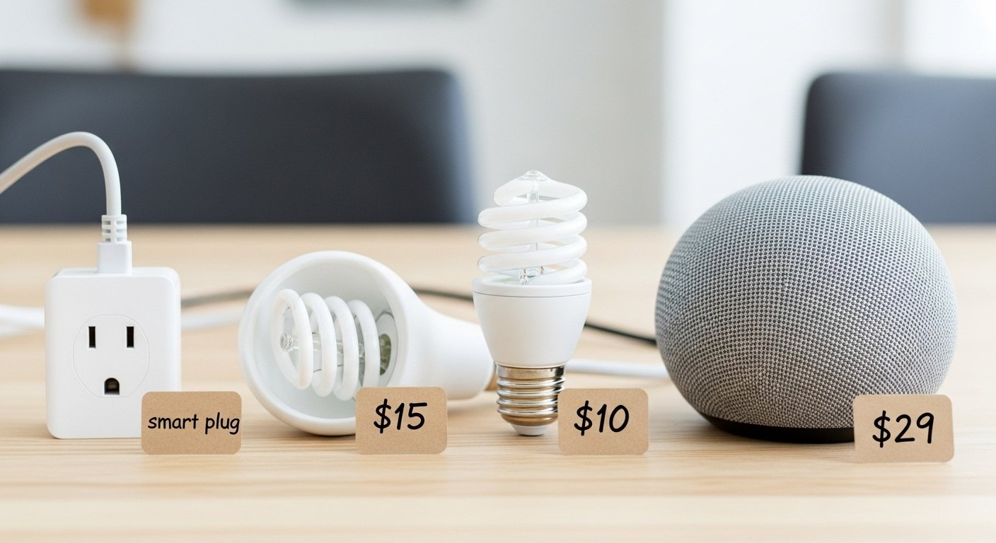 Smart home for beginners: An essential collection of easy-to-use devices like smart plugs, a single smart bulb, and a mini smart speaker, laid out on a table for first-time users.