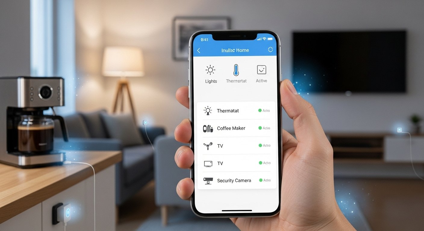 Smart Plugs controlling various appliances seamlessly, with a hand using a smartphone app for remote control, demonstrating hidden smart home benefits of effortless convenience. Photorealistic.