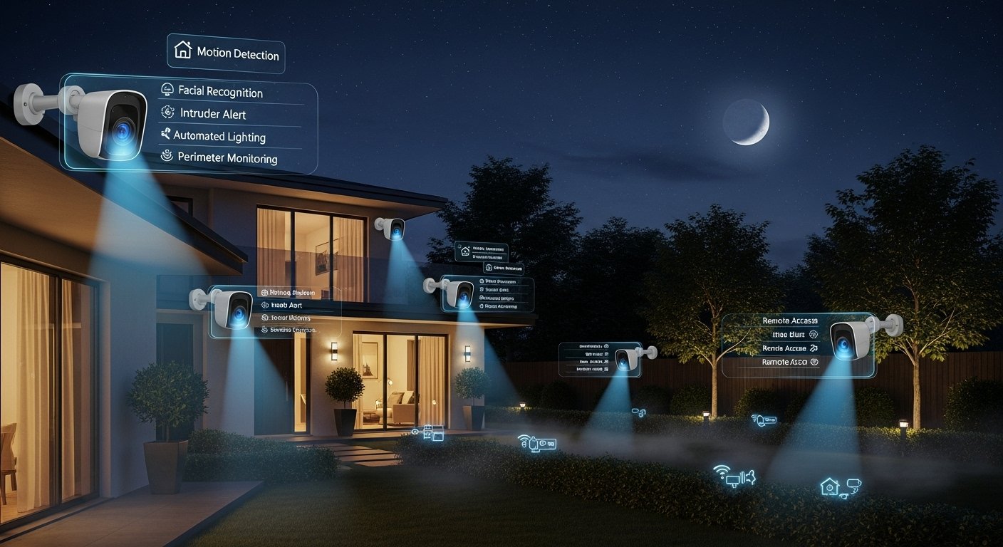 Smart Security Cameras monitoring a home's perimeter at night, with subtle glowing interfaces indicating hidden smart home benefits for advanced protection. Photorealistic.